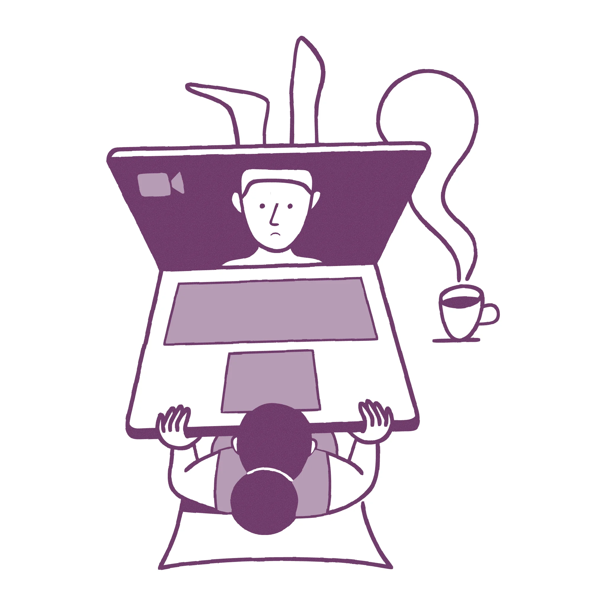 Illustration from behind of a woman on a video call, holding an enormous laptop, a coffee beside her
