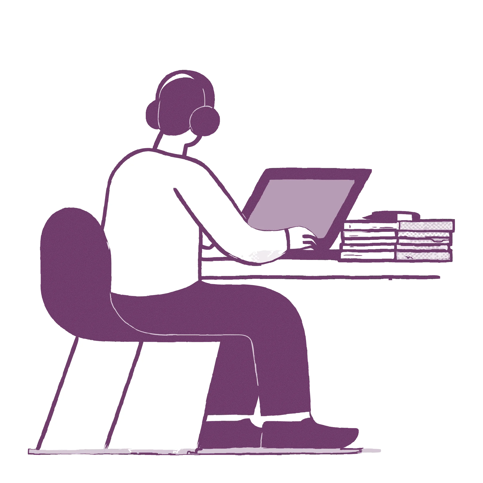 Illustration of a man in headphones typing on a laptop beside a stack of books
