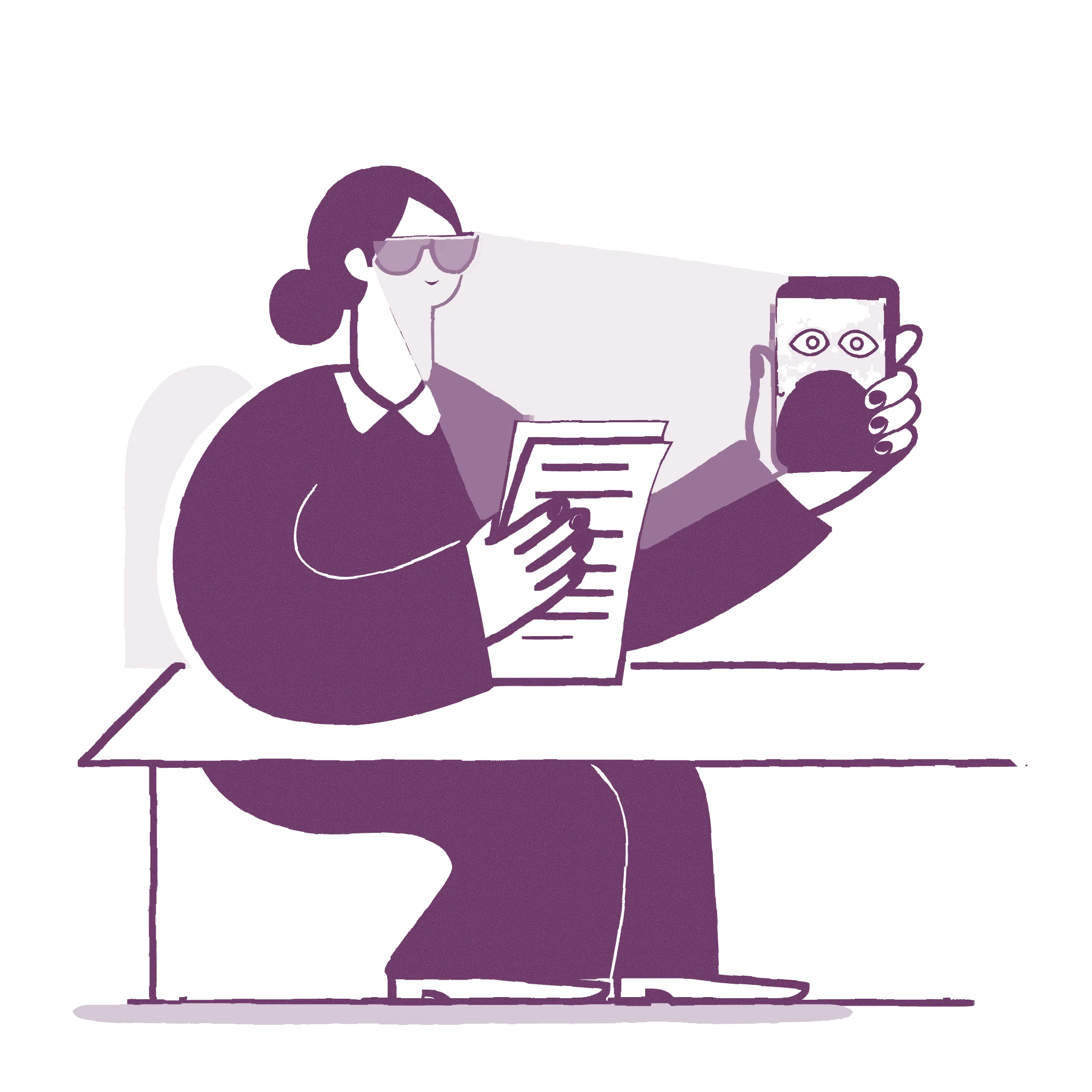 Illustration of a woman in dark glasses at a desk, holding a letter in one hand and a phone in the other, its camera aimed at the page