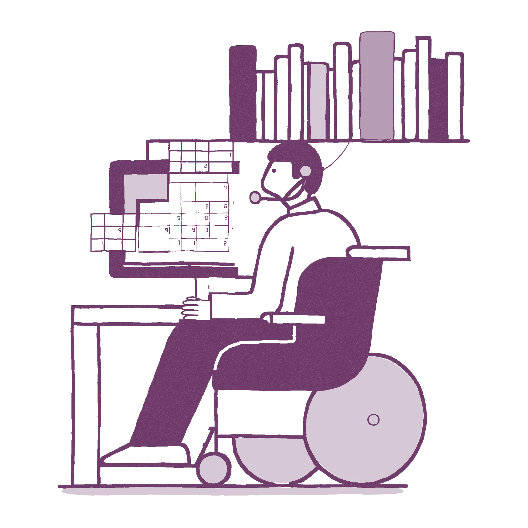 Illustration of a man in a wheelchair wearing a headset microphone, working on a spreadsheet at his desk