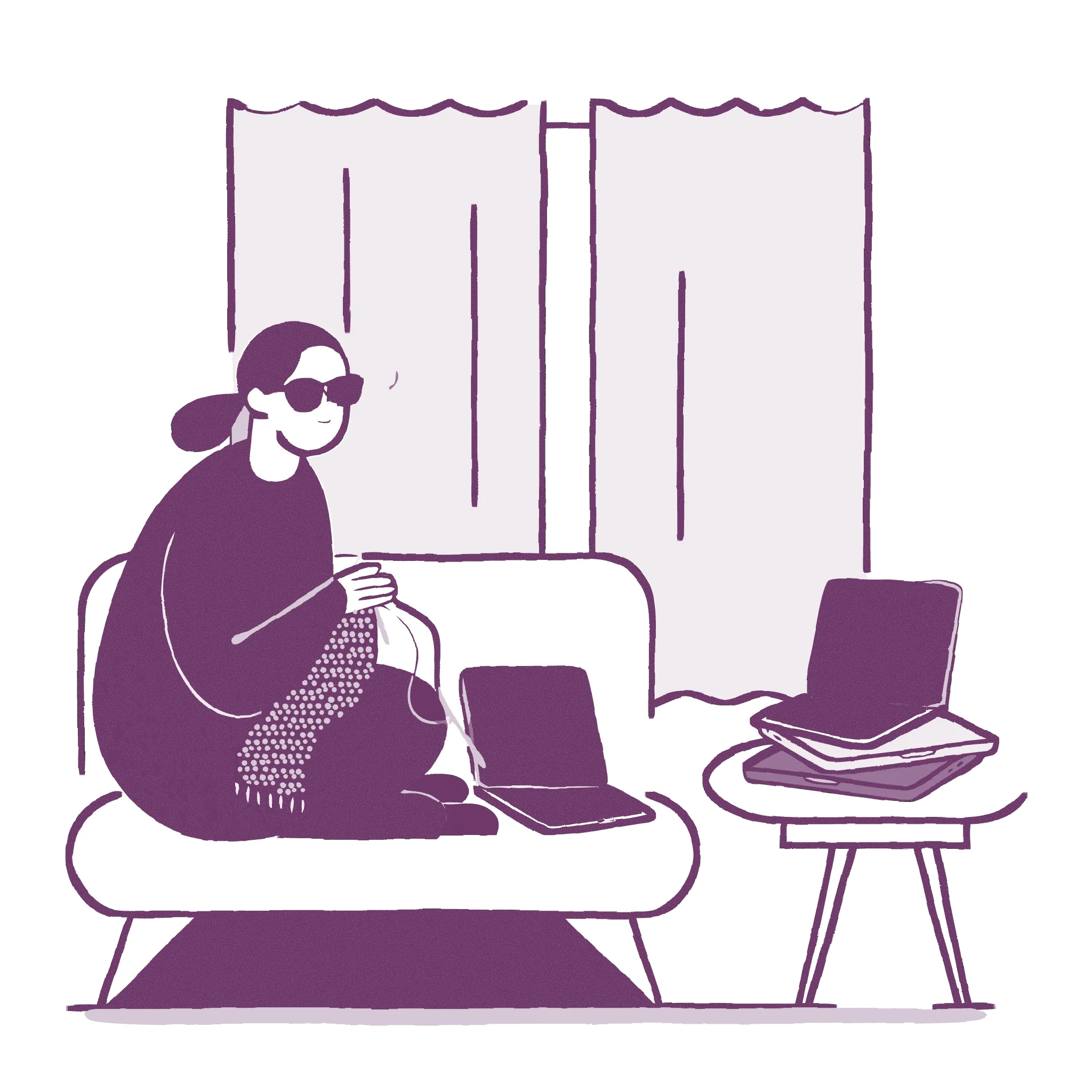 Illustration of a woman in dark glasses knitting on a sofa, curtains drawn, with laptops and a stack of tablets beside her