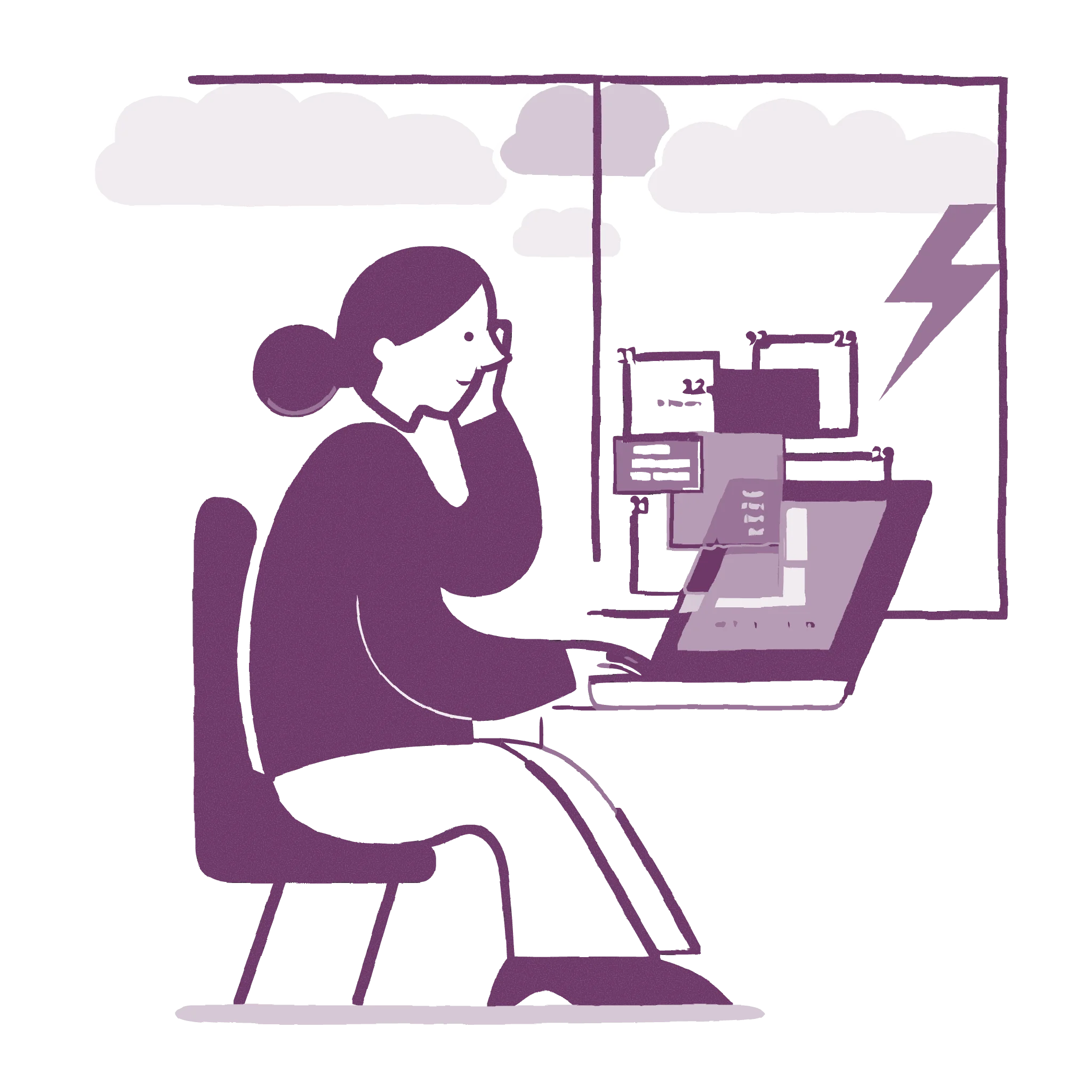 Illustration of a woman at a laptop with her hand to her head, a storm cloud overhead and numbered overlays stacked across her screen