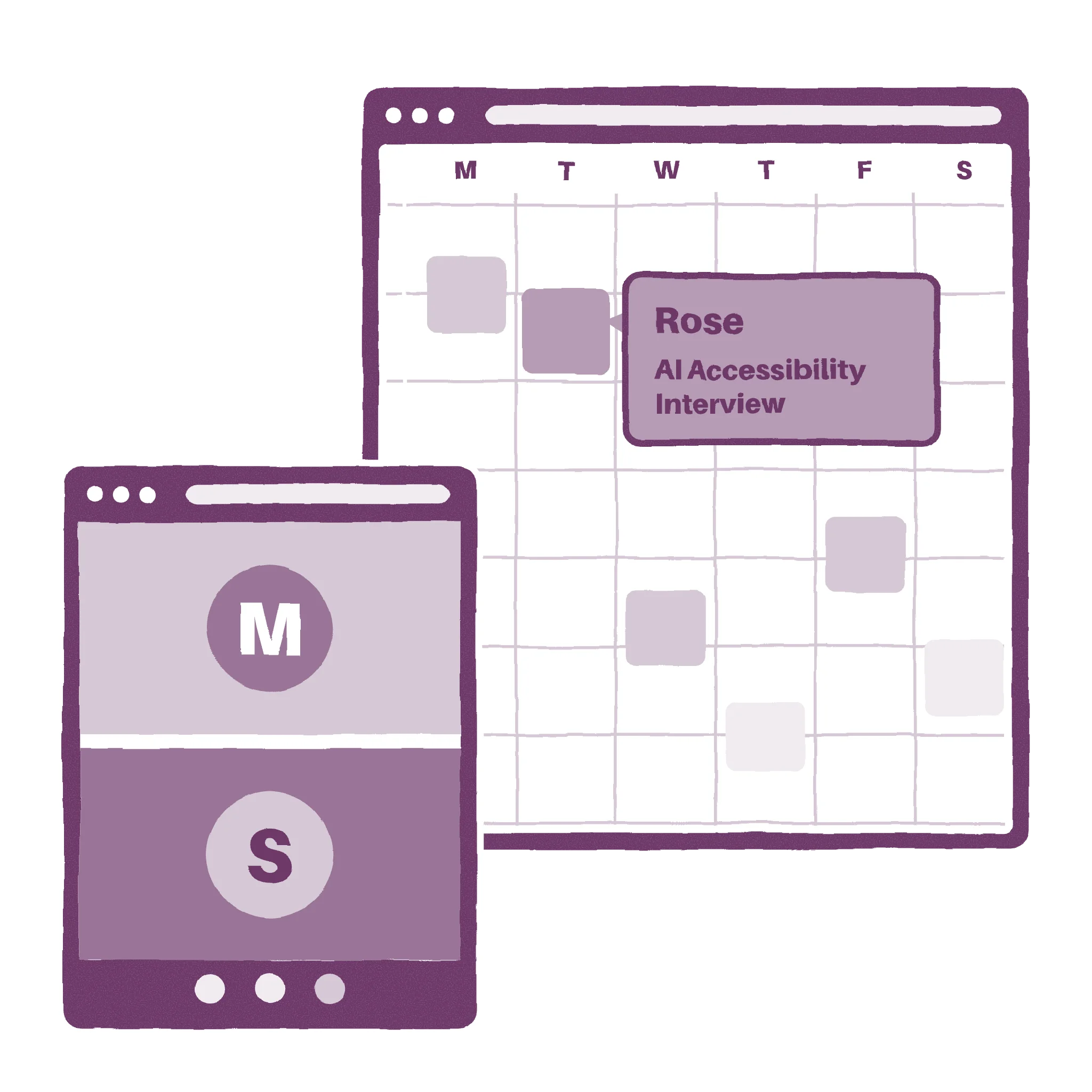 Illustration of a video call between Matt and Simon, laid over a calendar with an interview booked on each of six days, Rose's AI accessibility interview highlighted
